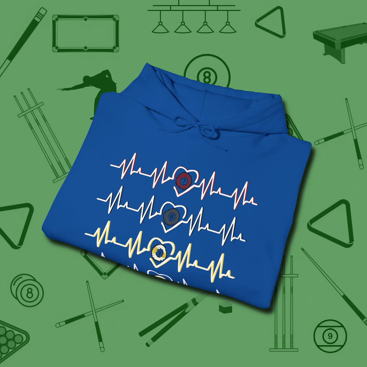 7, 8, 9, and 10 Heartbeats Hoodie, folded view, in Royal look good while calling your pocket