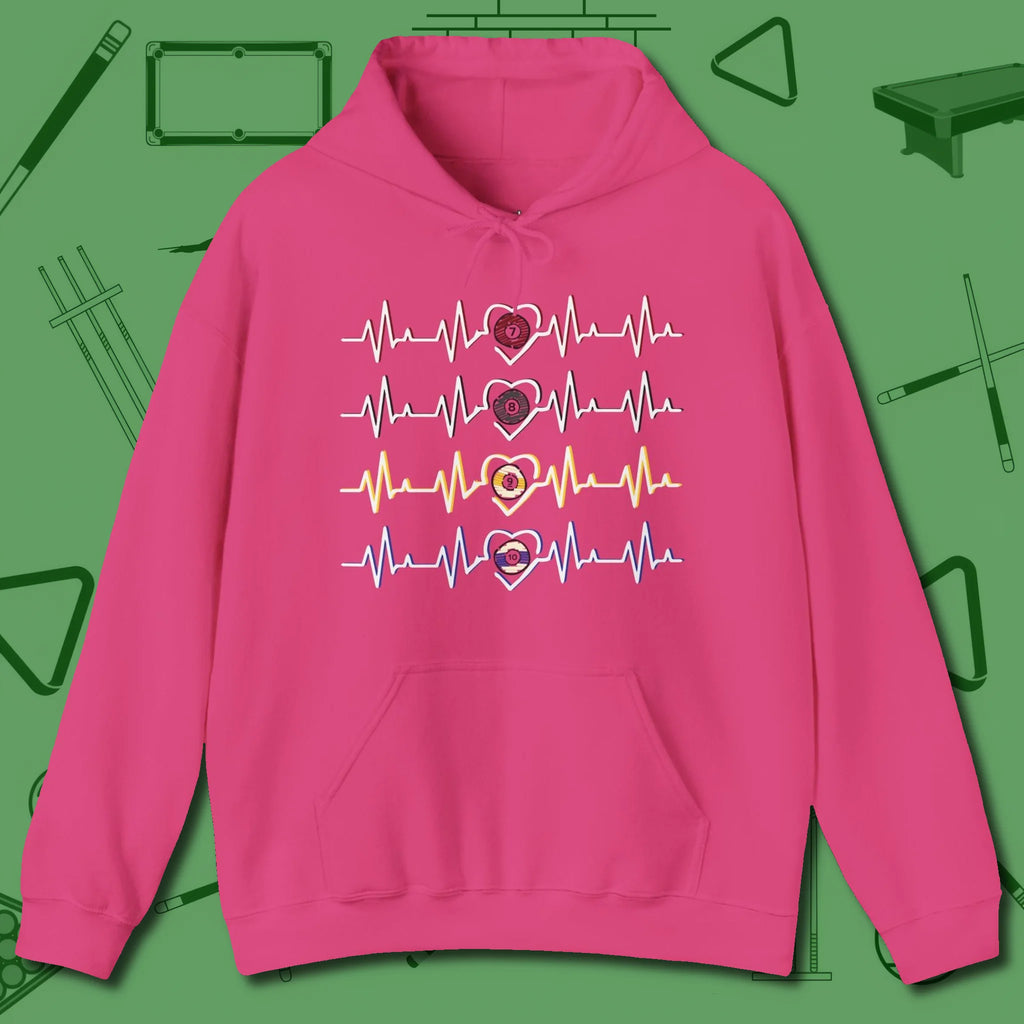 7, 8, 9, and 10 Heartbeats Hoodie, front view, in Heliconia stitched for cue discipline and cool confidence