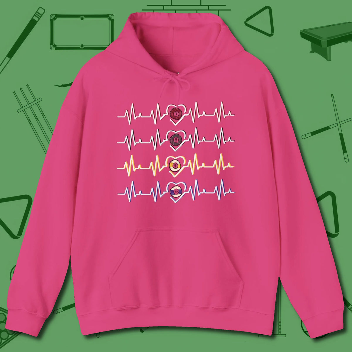 7, 8, 9, and 10 Heartbeats Hoodie, front view, in Heliconia stitched for cue discipline and cool confidence