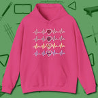 7, 8, 9, and 10 Heartbeats Hoodie, front view, in Heliconia stitched for cue discipline and cool confidence