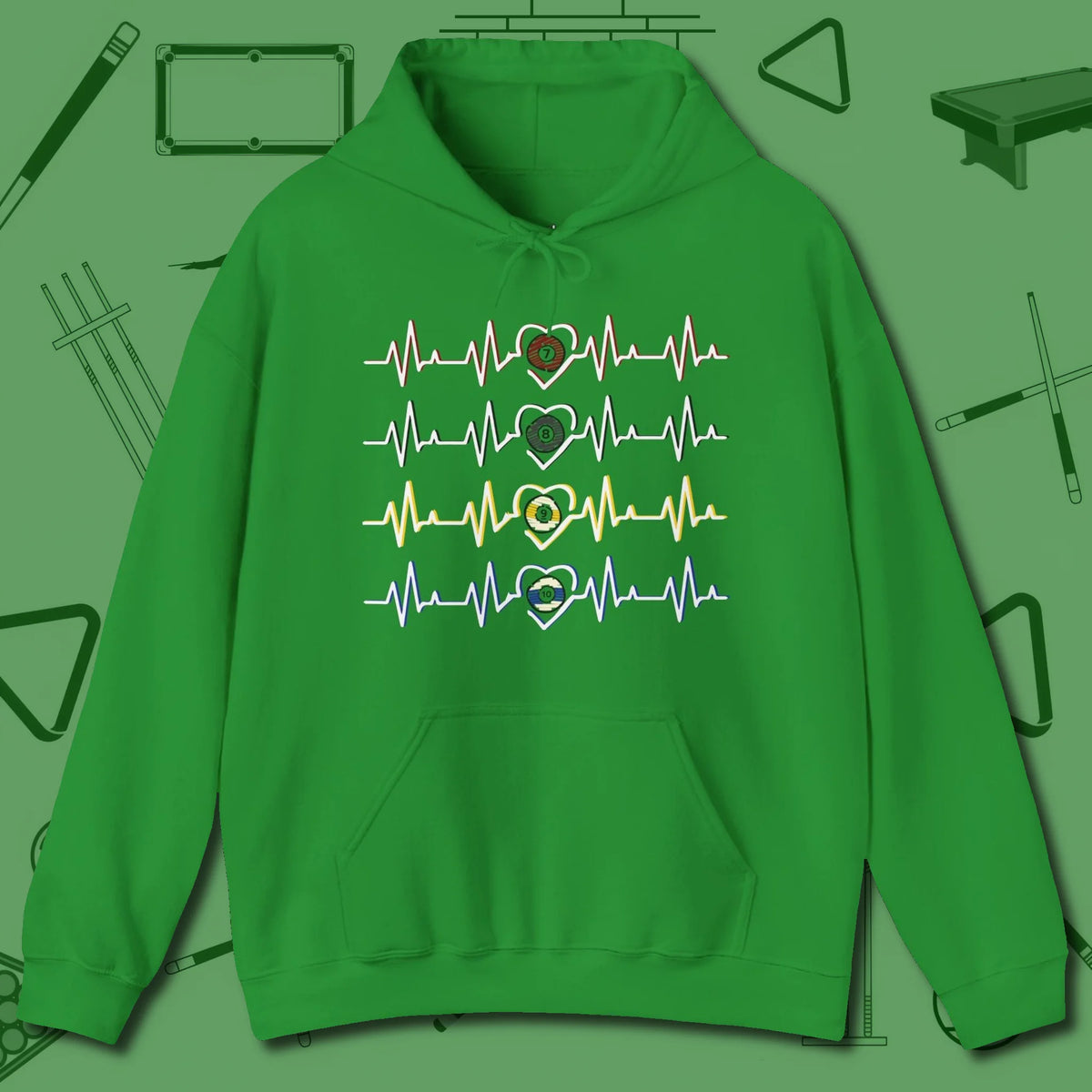 7, 8, 9, and 10 Heartbeats Hoodie, front view, in Irish Green the shirt that plays position