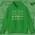 7, 8, 9, and 10 Heartbeats Hoodie, front view, in Irish Green the shirt that plays position