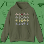 7, 8, 9, and 10 Heartbeats Hoodie, front view, in Military Green tough like your favorite break cue