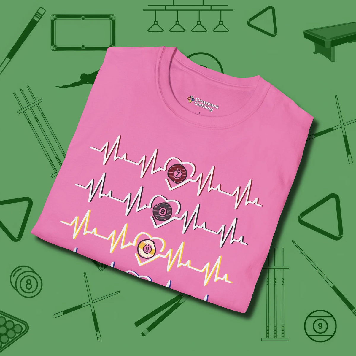 7, 8, 9, and 10 Heartbeats T-Shirt, folded view, in Azalea break, run out, turn heads — repeat