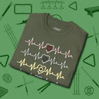 7, 8, 9, and 10 Heartbeats T-Shirt, folded view, in Military Green ideal for clean hits and clean fits