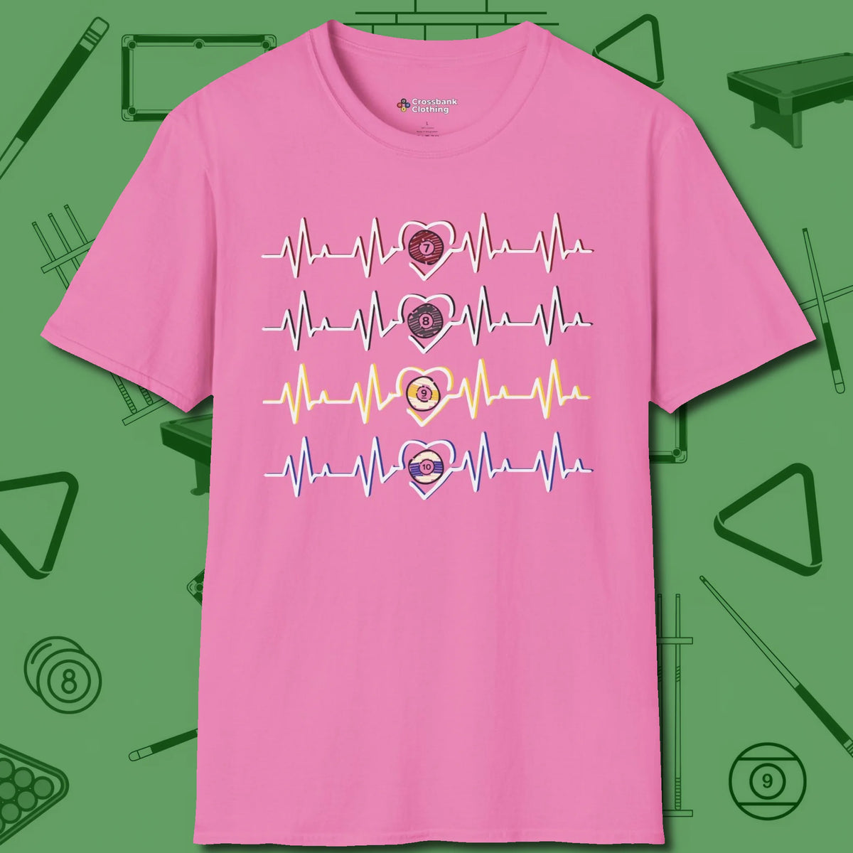 7, 8, 9, and 10 Heartbeats T-Shirt, front view, in Azalea where cue control meets personal style