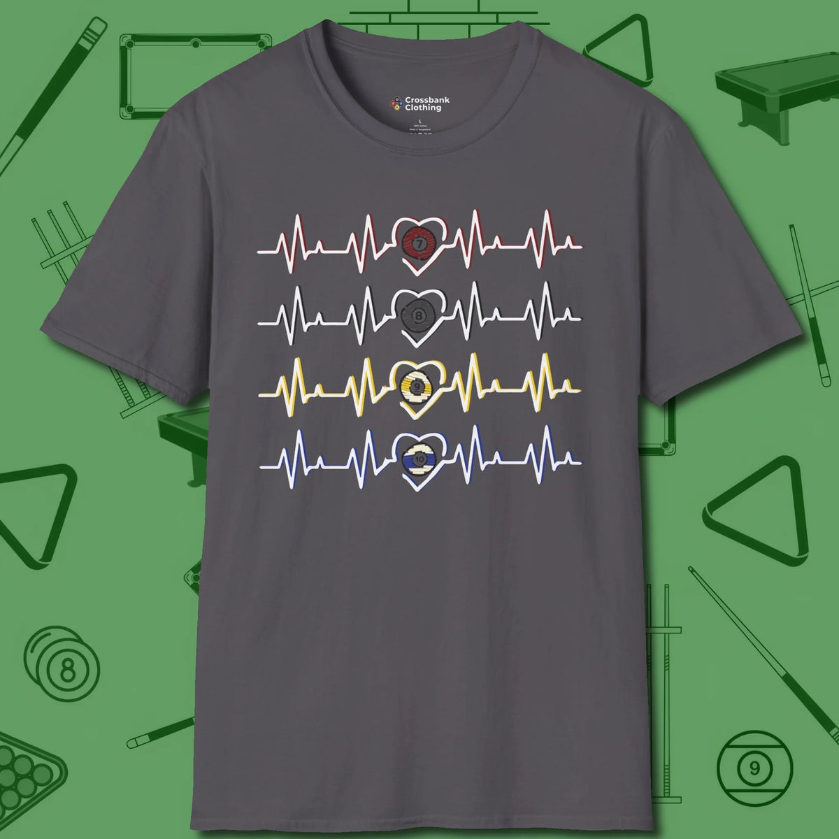 7, 8, 9, and 10 Heartbeats T-Shirt, front view, in Charcoal not your average 8-ball graphic tee
