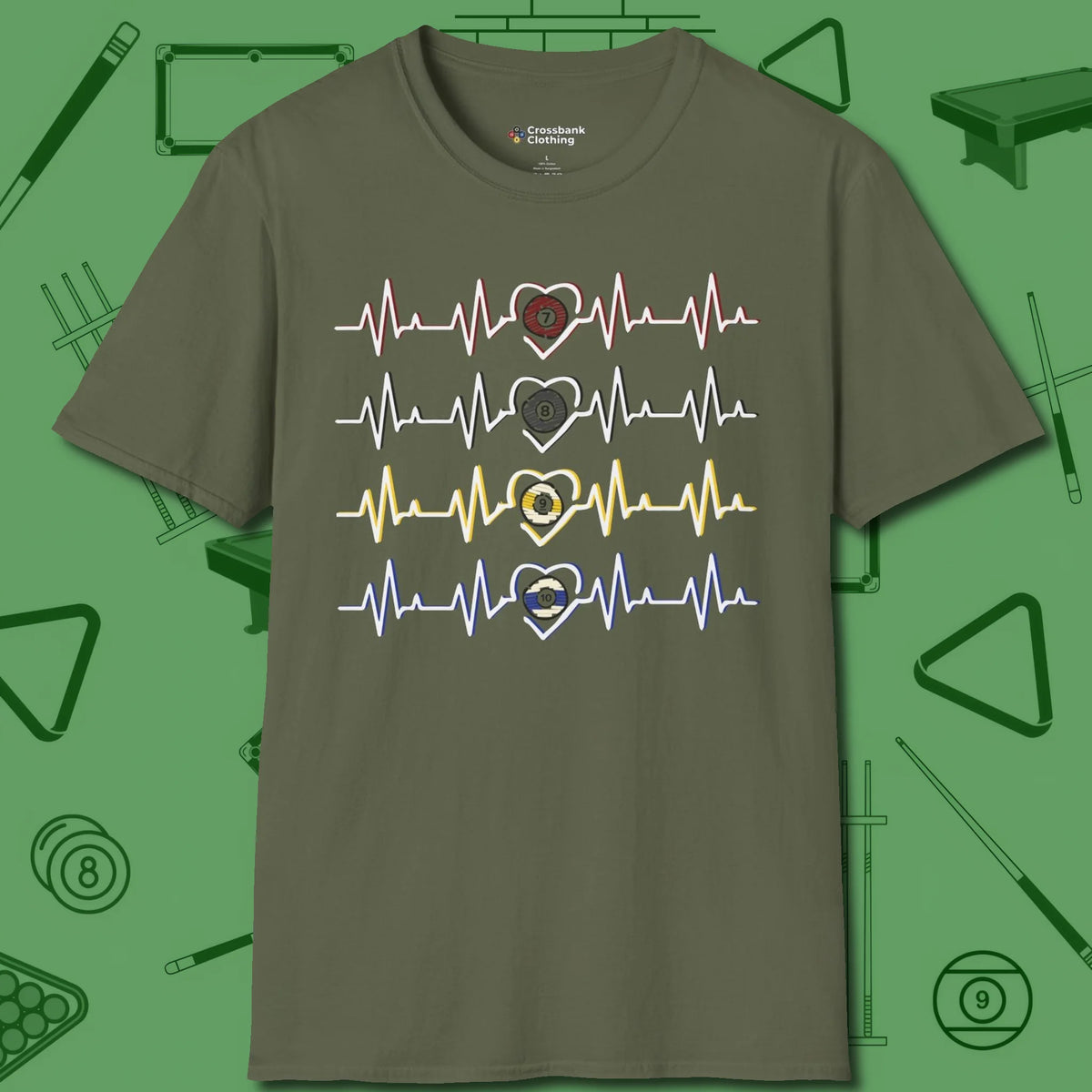 7, 8, 9, and 10 Heartbeats T-Shirt, front view, in Military Green cue up respect every time you wear it