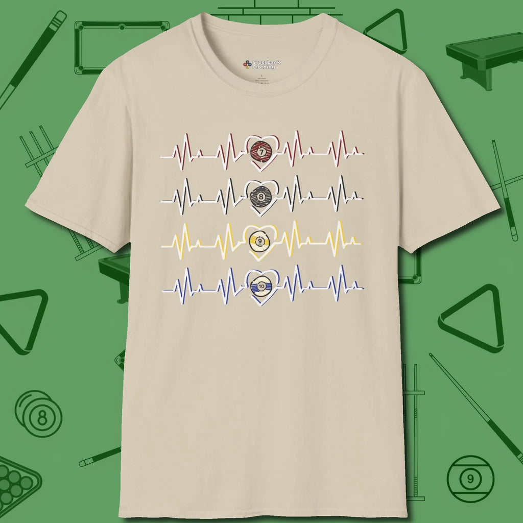 7, 8, 9, and 10 Heartbeats T-Shirt, front view, in Sand where style and cue discipline collide