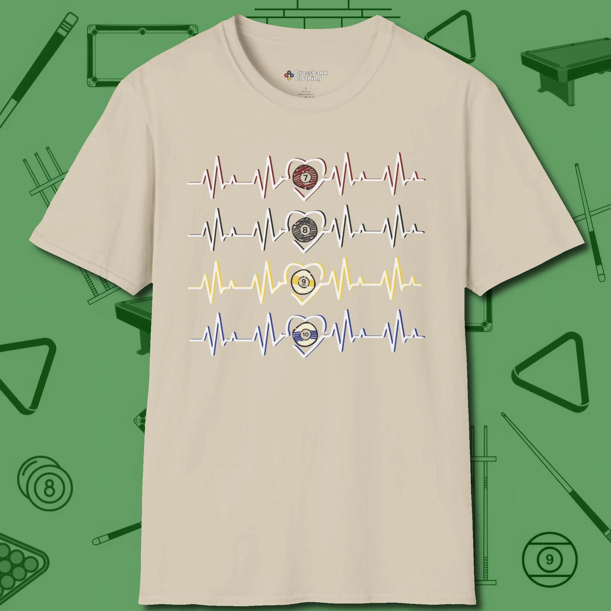 7, 8, 9, and 10 Heartbeats T-Shirt, front view, in Sand where style and cue discipline collide
