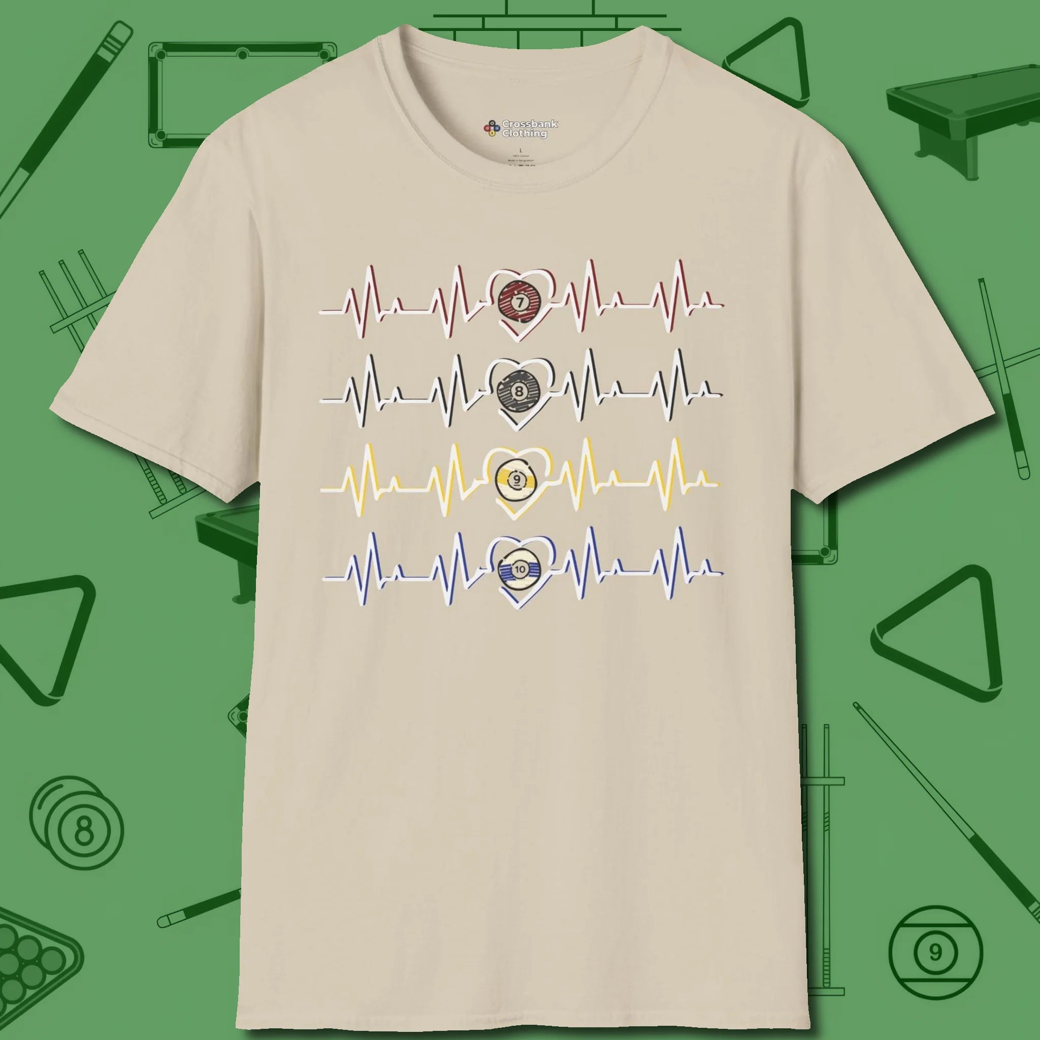 7, 8, 9, and 10 Heartbeats T-Shirt, front view, in Sand where style and cue discipline collide