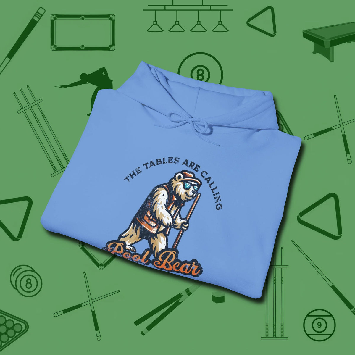 Bear Hoodie, folded view, in Carolina Blue break, run out, turn heads — repeat