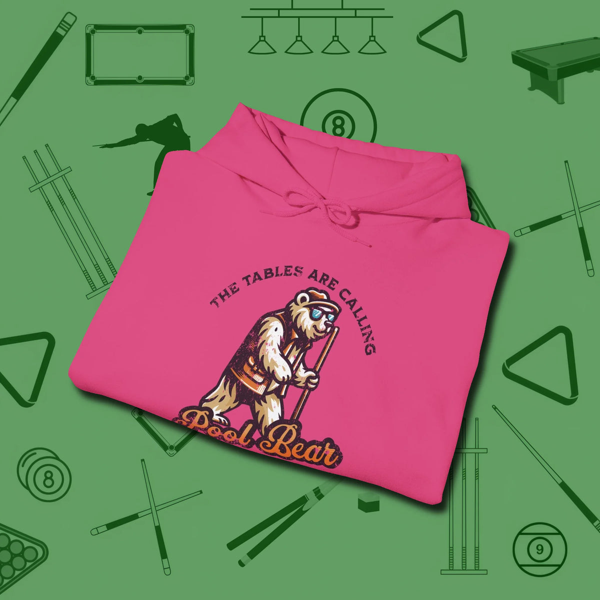 Bear Hoodie, folded view, in Heliconia confidence stitched in every seam