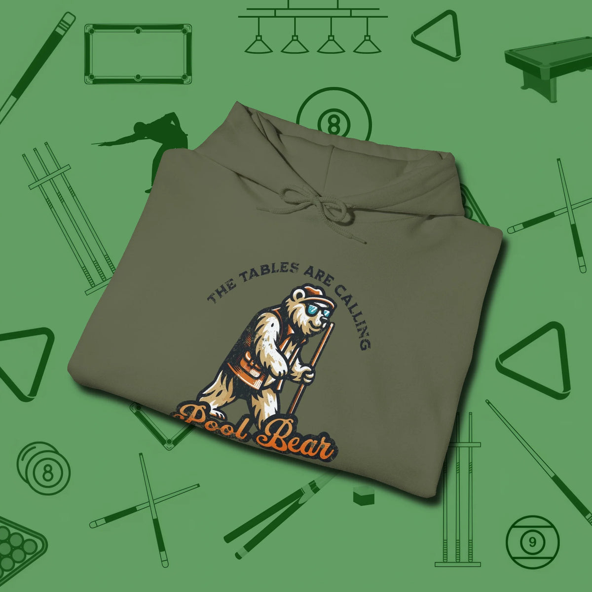 Bear Hoodie, folded view, in Military Green tough like your favorite break cue