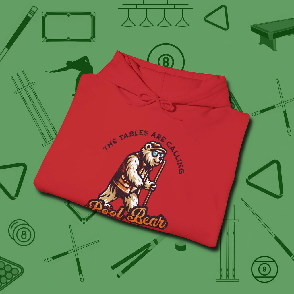 Bear Hoodie, folded view, in Red tough like your favorite break cue