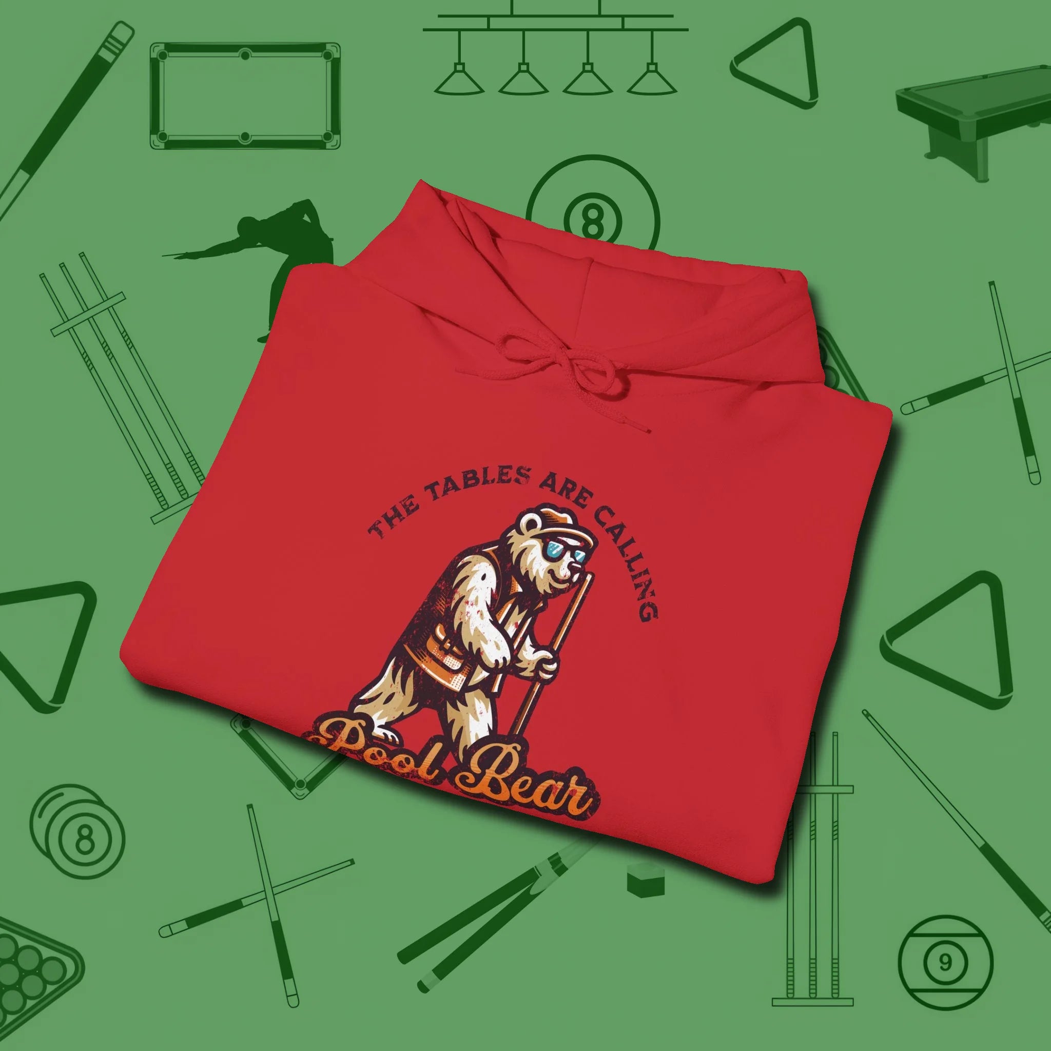 Bear Hoodie, folded view, in Red tough like your favorite break cue