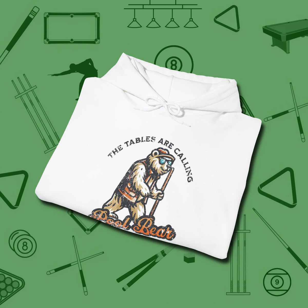 Bear Hoodie, folded view, in White classic cue style, no gimmicks