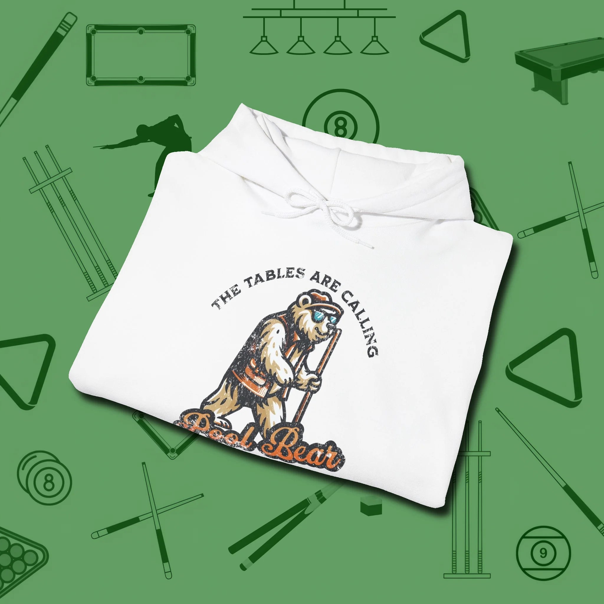 Bear Hoodie, folded view, in White classic cue style, no gimmicks
