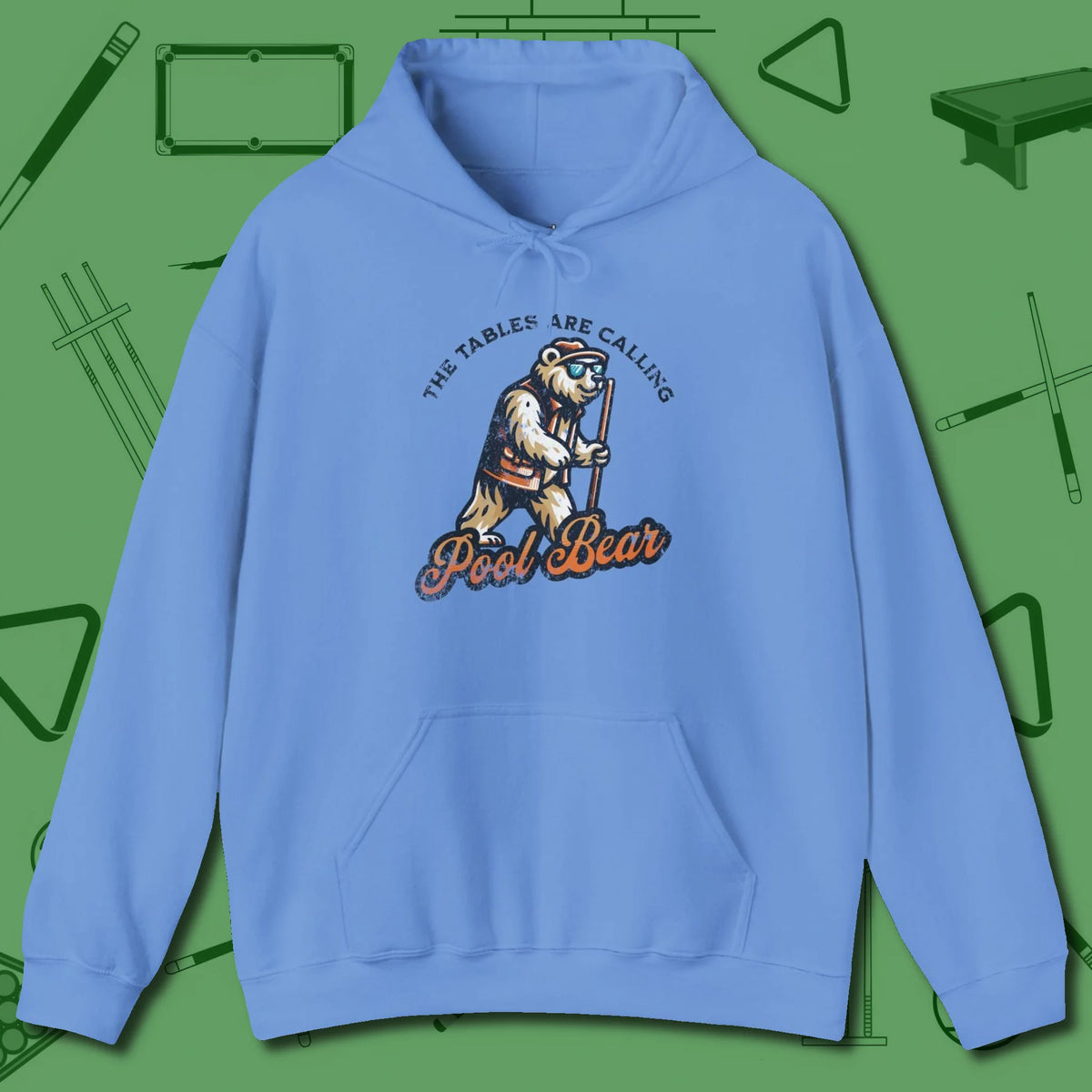 Bear Hoodie, front view, in Carolina Blue style that banks as hard as you do