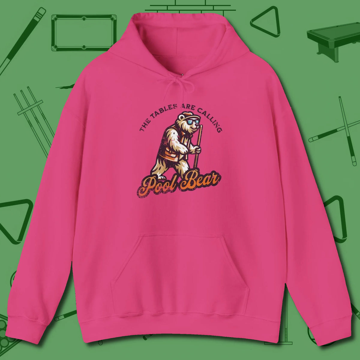 Bear Hoodie, front view, in Heliconia fashion with break-and-run energy