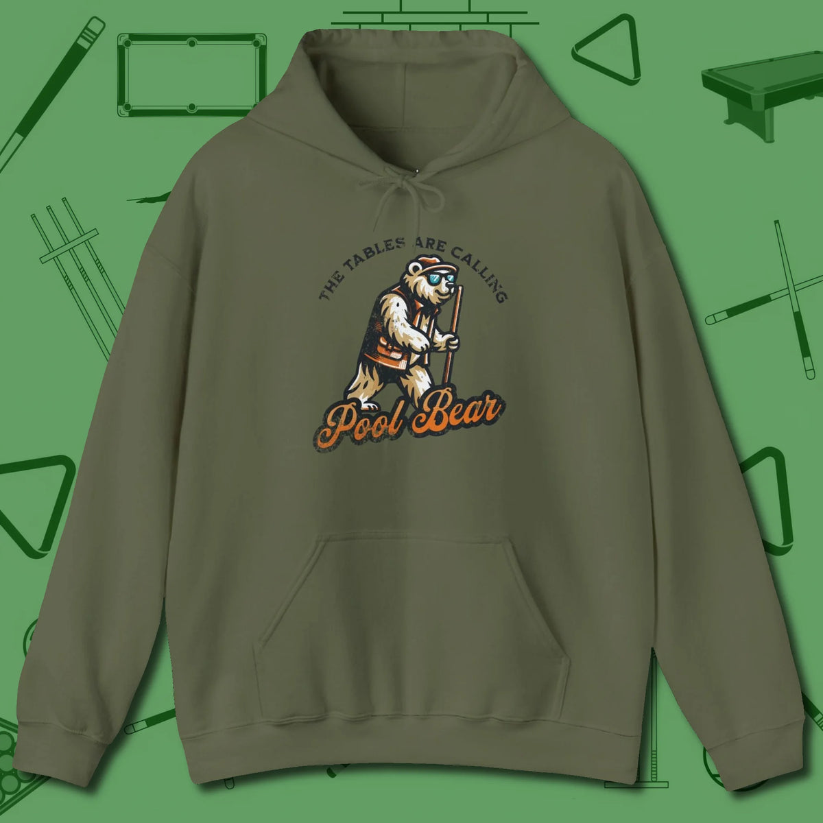 Bear Hoodie, front view, in Military Green because the table is your battlefield