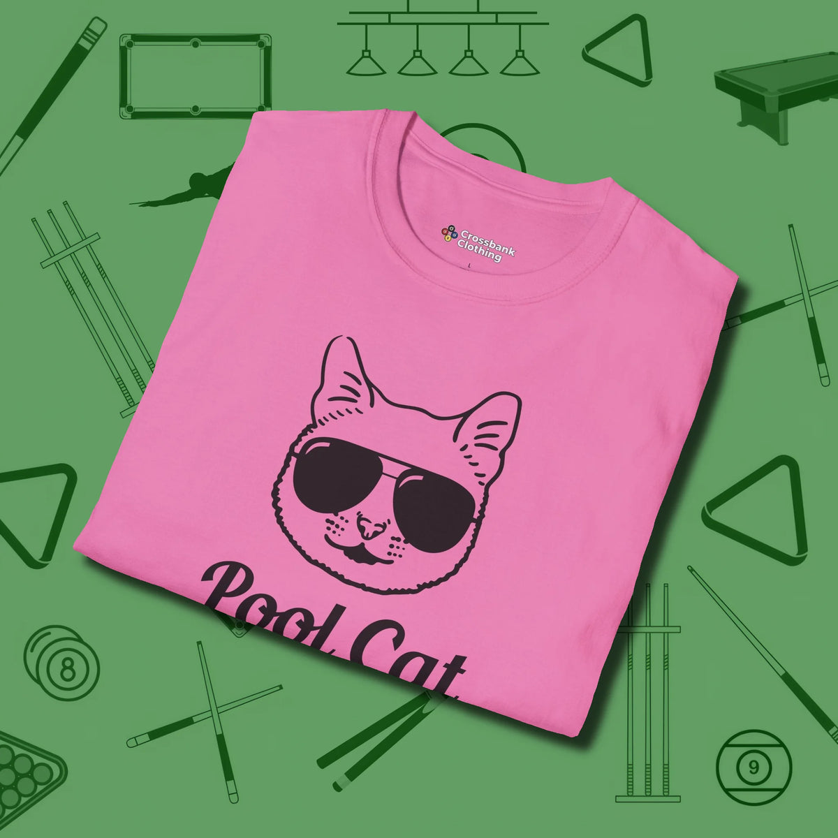 Cat T-Shirt, folded view, in Azalea cool enough for a corner pocket finish