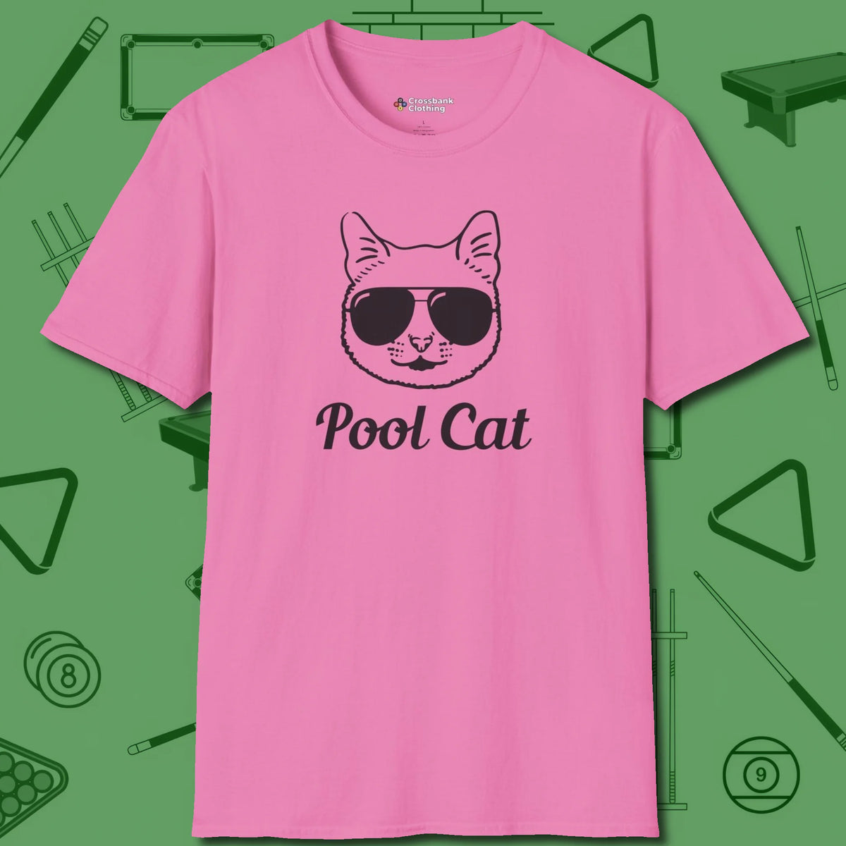 Cat T-Shirt, front view, in Azalea stitched for cue discipline and cool confidence