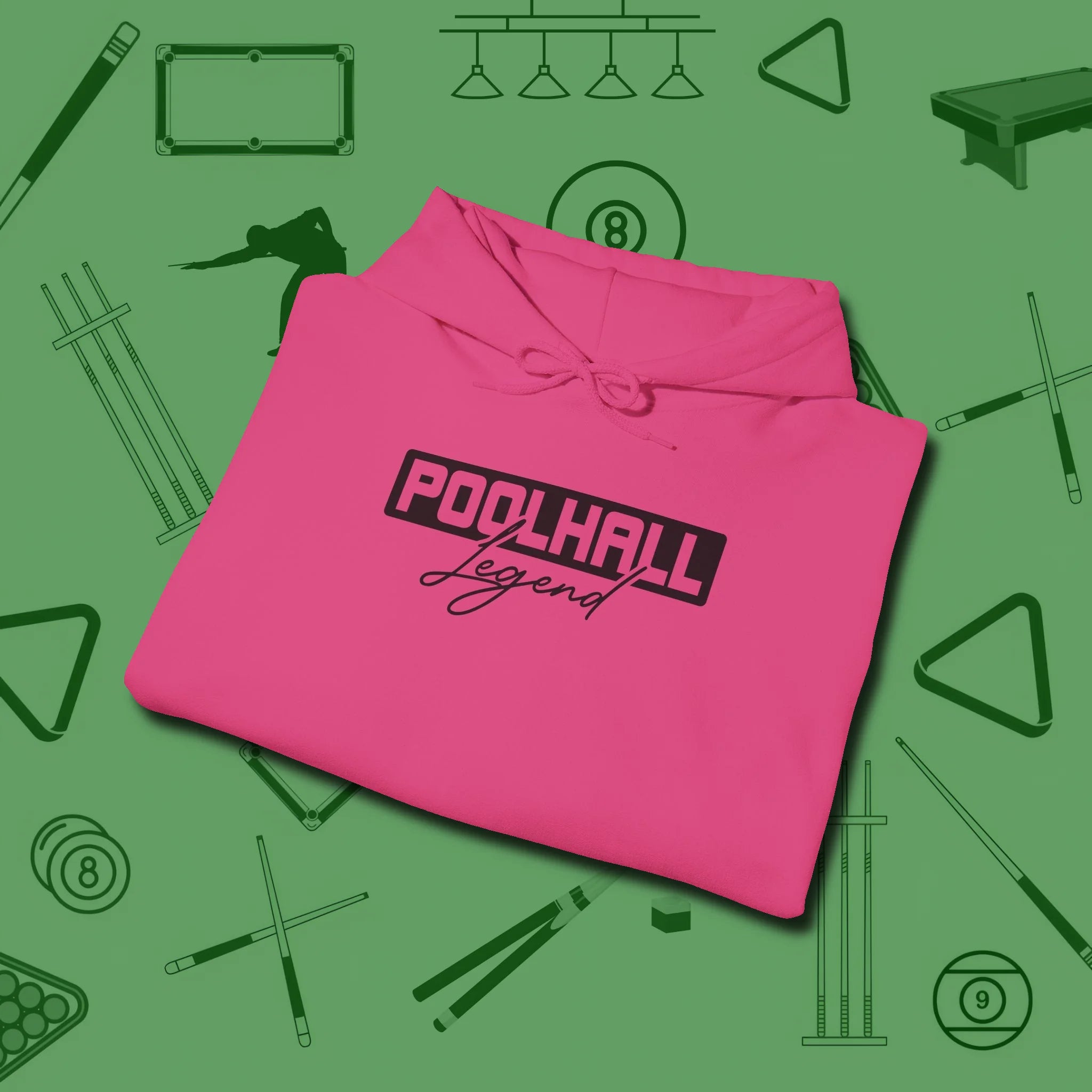 Hall Legend Hoodie, folded view, in Heliconia styled to dominate from rack to run-out