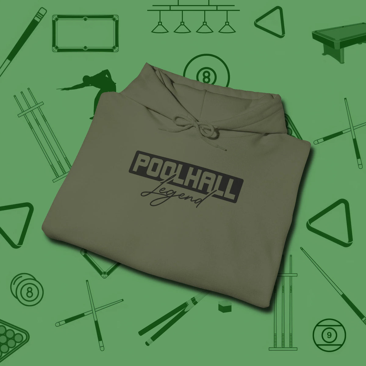 Hall Legend Hoodie, folded view, in Military Green poolroom style with tournament attitude