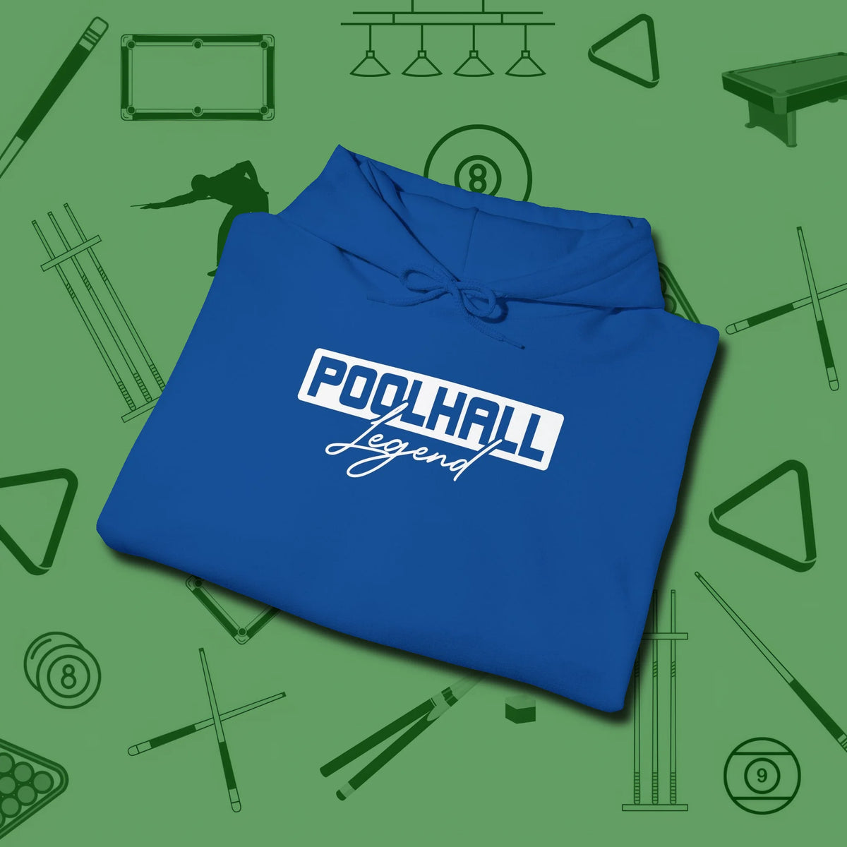 Hall Legend Hoodie, folded view, in Royal poolroom style with tournament attitude