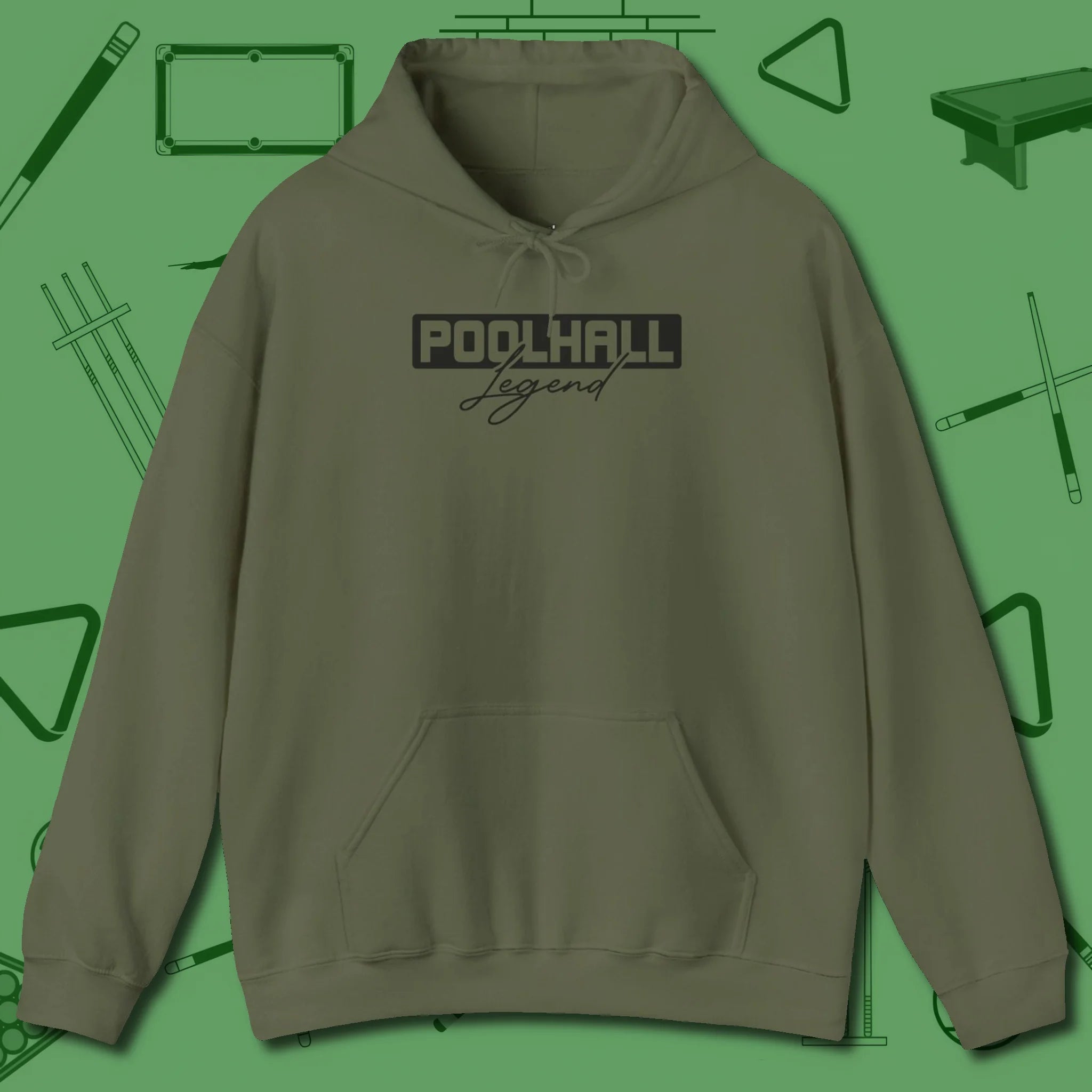 Hall Legend Hoodie, front view, in Military Green where style and cue discipline collide