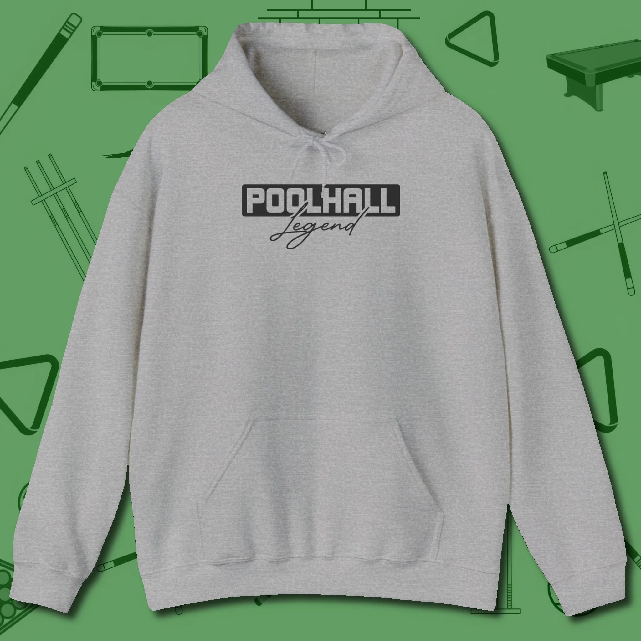 Hall Legend Hoodie, front view, in Sport Grey cool enough for a corner pocket finish