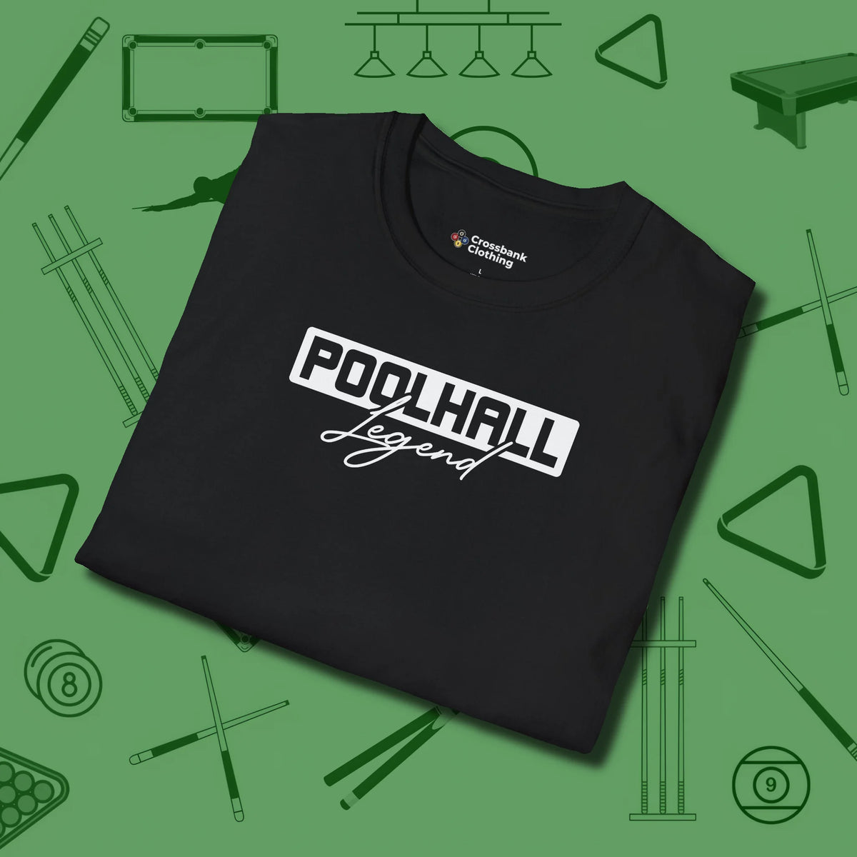 Hall Legend T-Shirt, folded view, in Black not your average 8-ball graphic tee