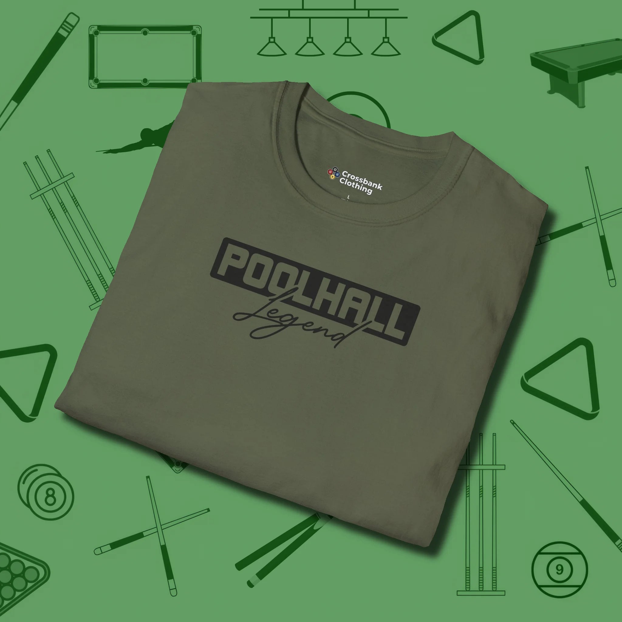 Hall Legend T-Shirt, folded view, in Military Green earns respect before the first shot