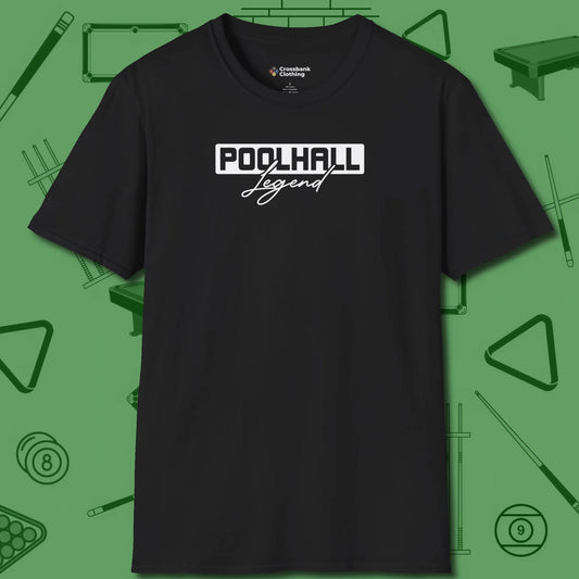 Hall Legend T-Shirt, front view, in Black poolroom style with tournament attitude