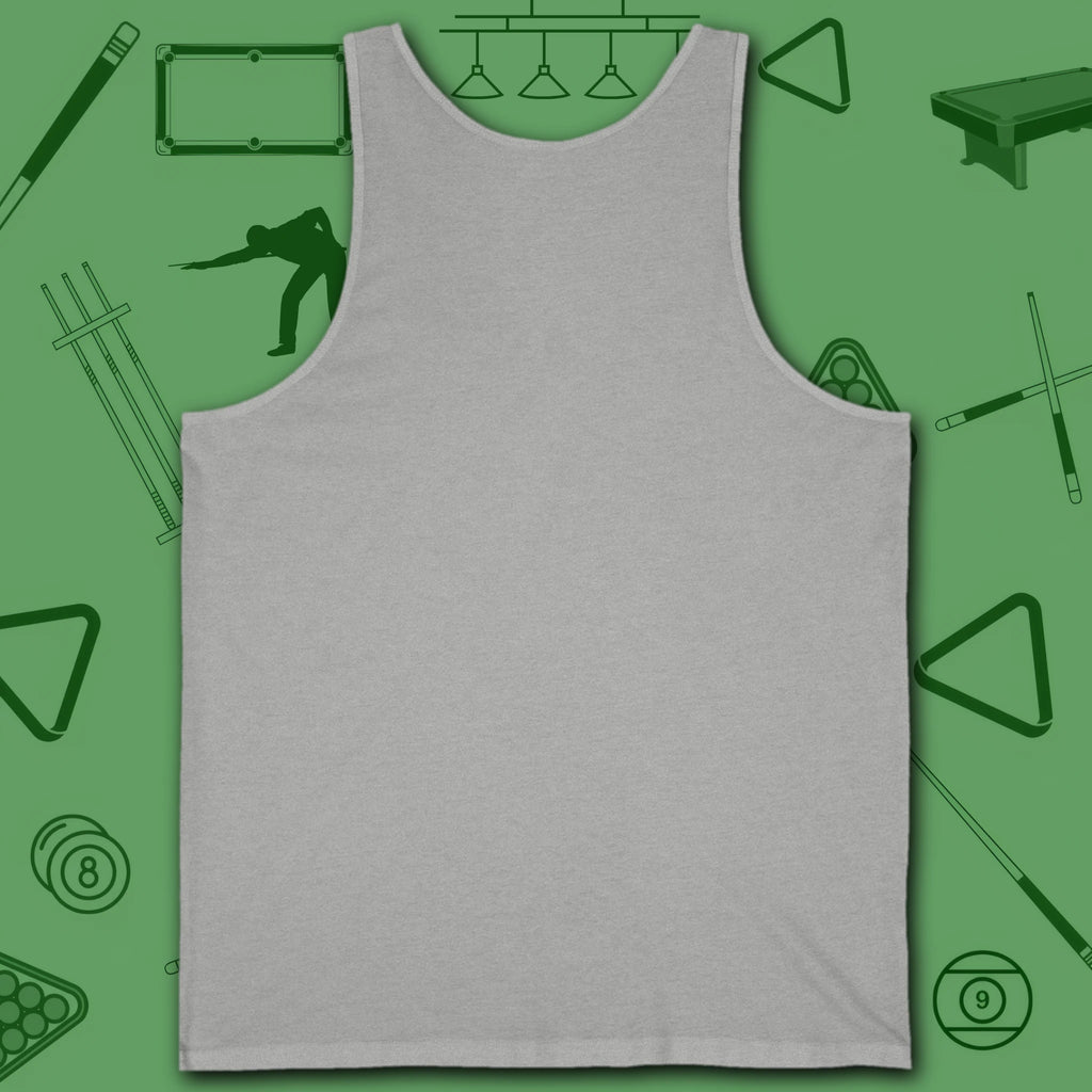 Poolhall Legend Tank Top, in Athletic Heather color, billiards tank top, back view