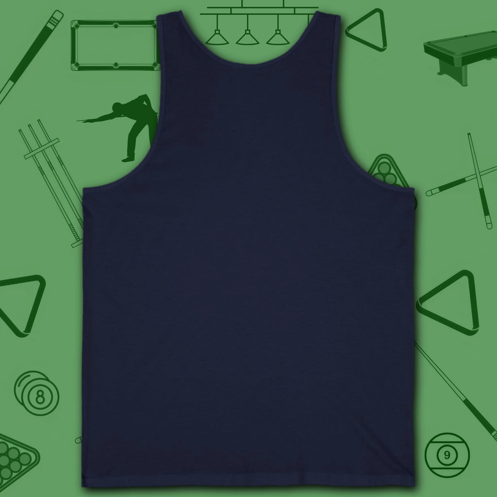 Poolhall Legend Tank Top, in Navy color, billiards tank top, back view