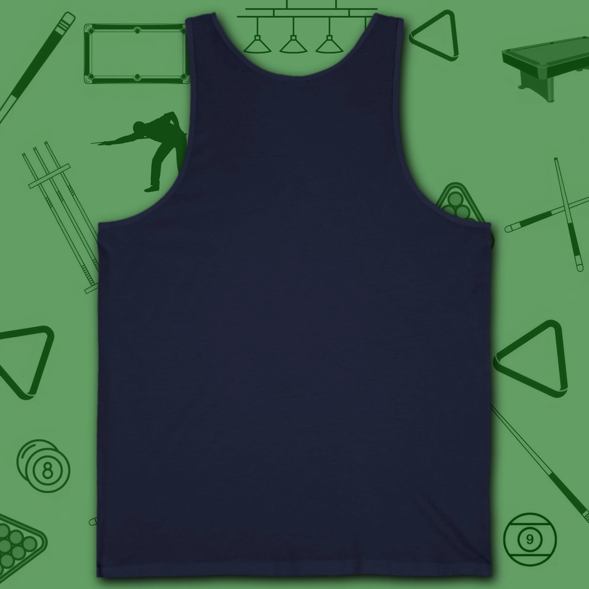 Poolhall Legend Tank Top, in Navy color, billiards tank top, back view
