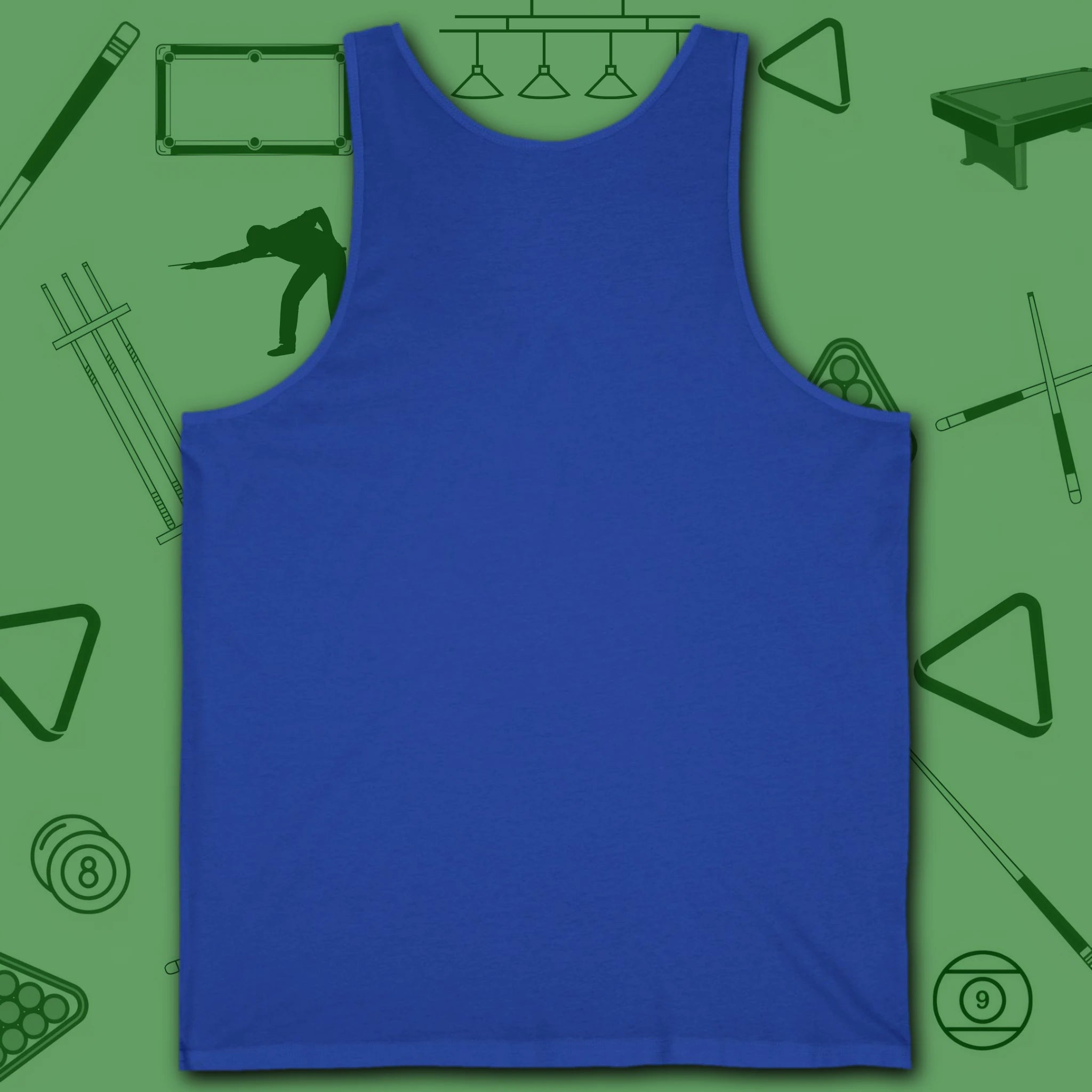 Poolhall Legend Tank Top, in True Royal color, billiards tank top, back view