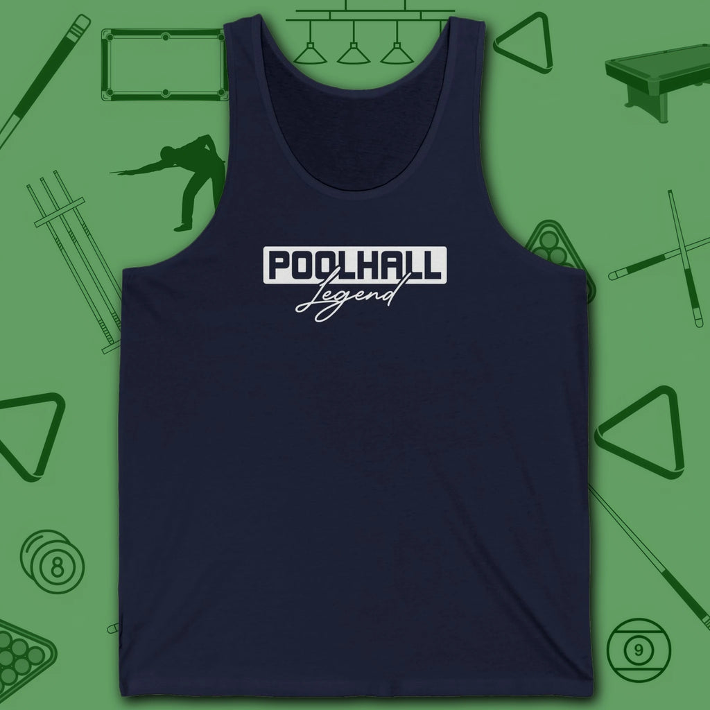 Poolhall Legend Tank Top, in Navy color, billiards tank top, front view