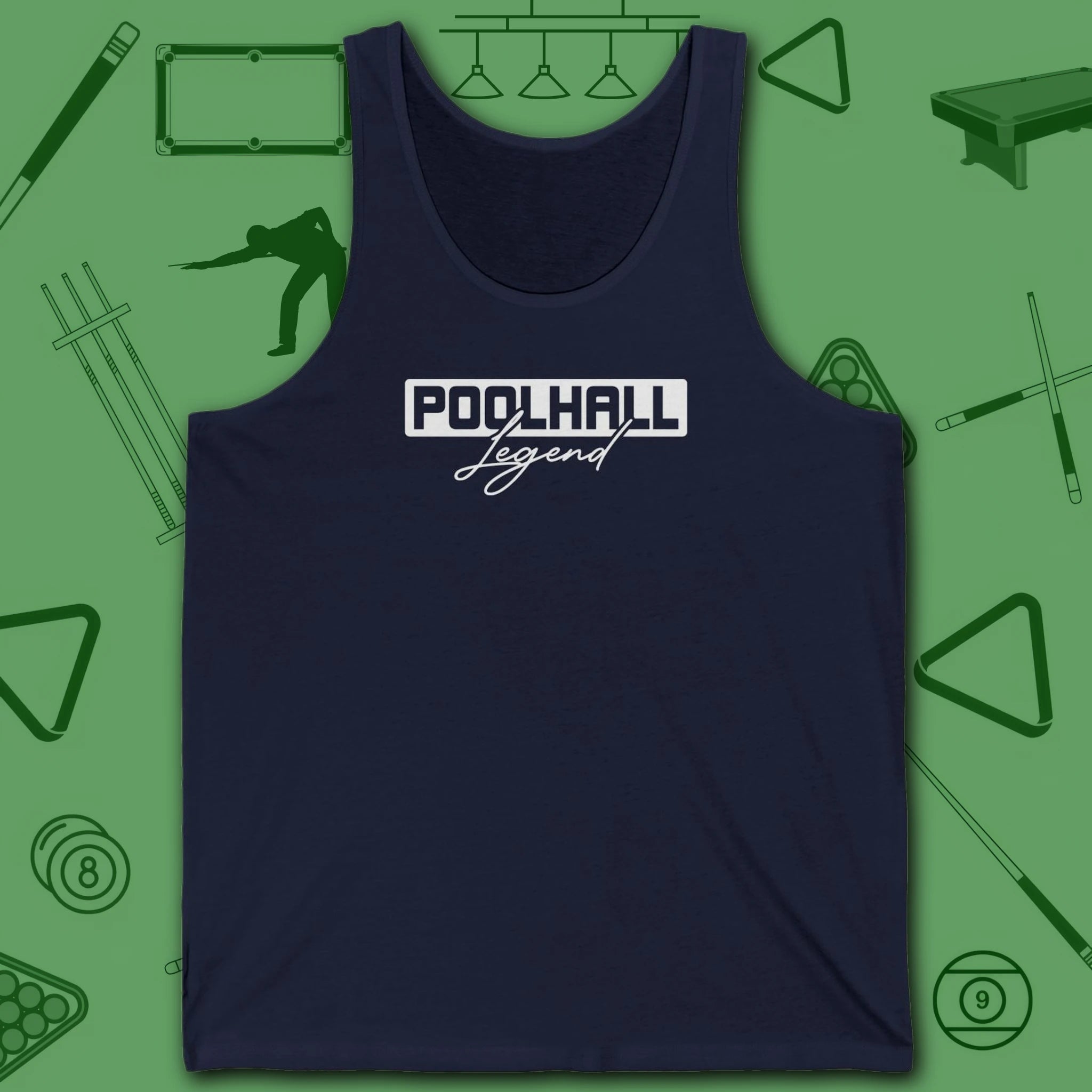 Poolhall Legend Tank Top, in Navy color, billiards tank top, front view