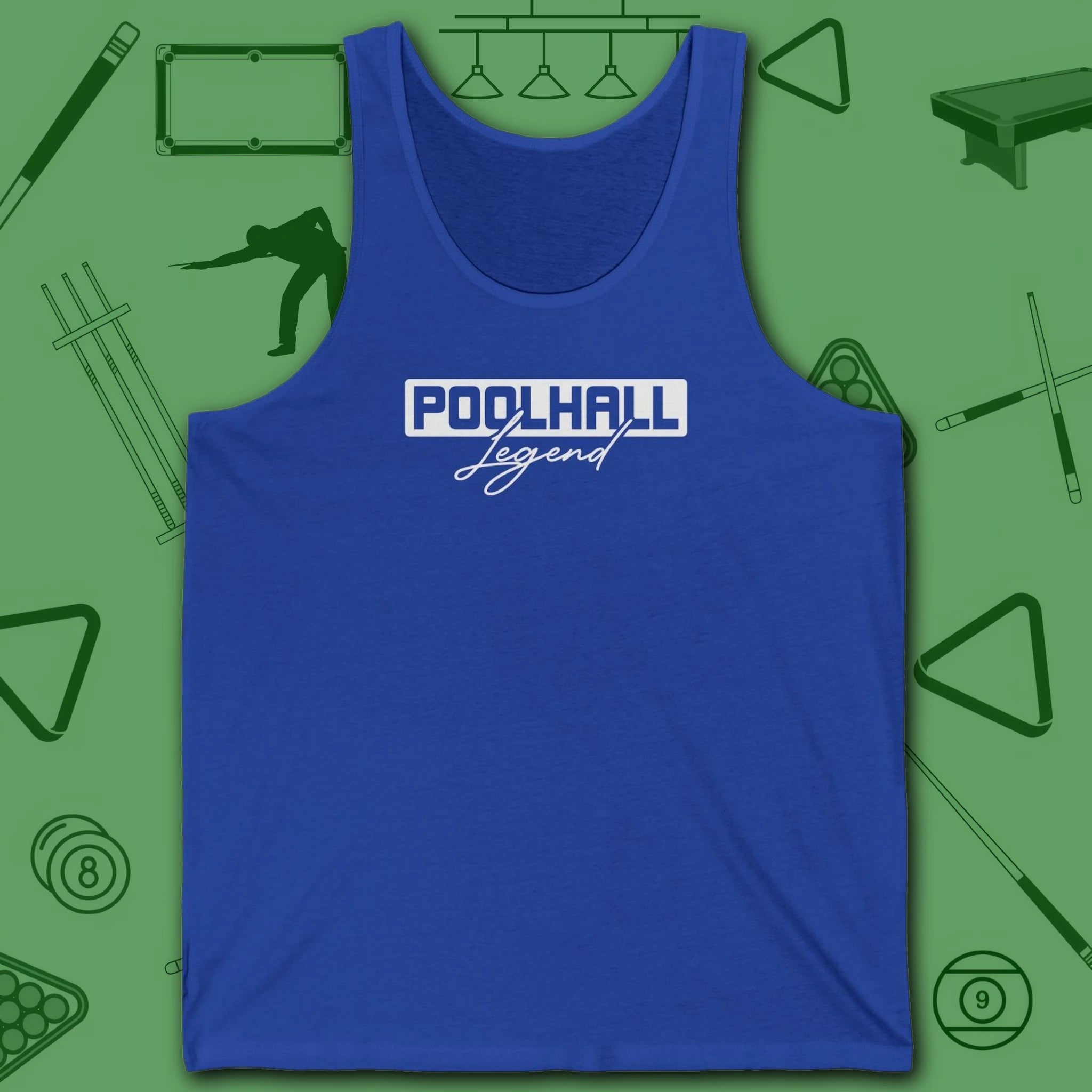 Poolhall Legend Tank Top, in True Royal color, billiards tank top, front view
