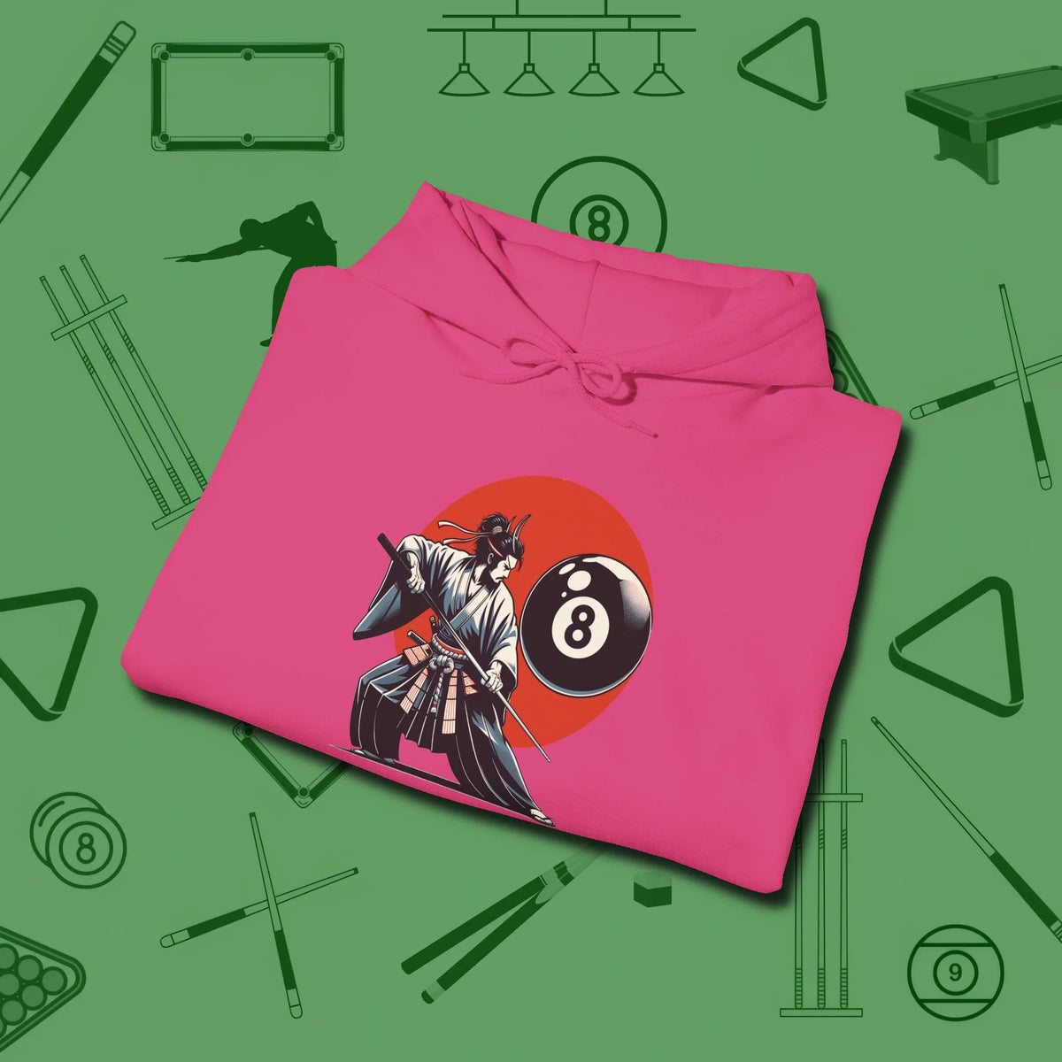 Hall Samurai Hoodie, folded view, in Heliconia from chalk to clutch, look the part