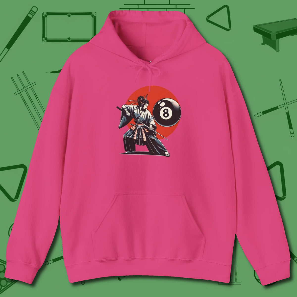 Hall Samurai Hoodie, front view, in Heliconia confidence stitched in every seam