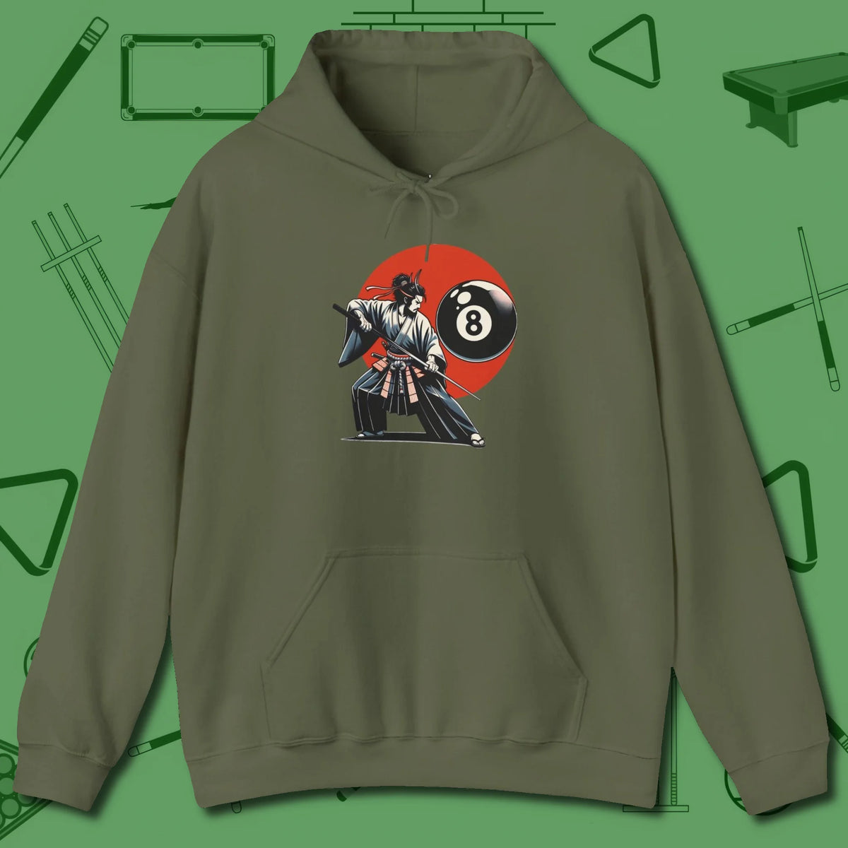 Hall Samurai Hoodie, front view, in Military Green built for bold breaks and quiet confidence