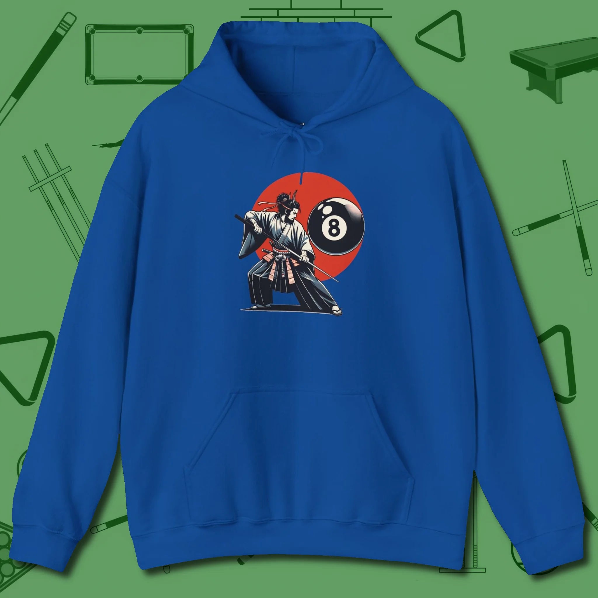 Hall Samurai Hoodie, front view, in Royal clean lines for dirty minds
