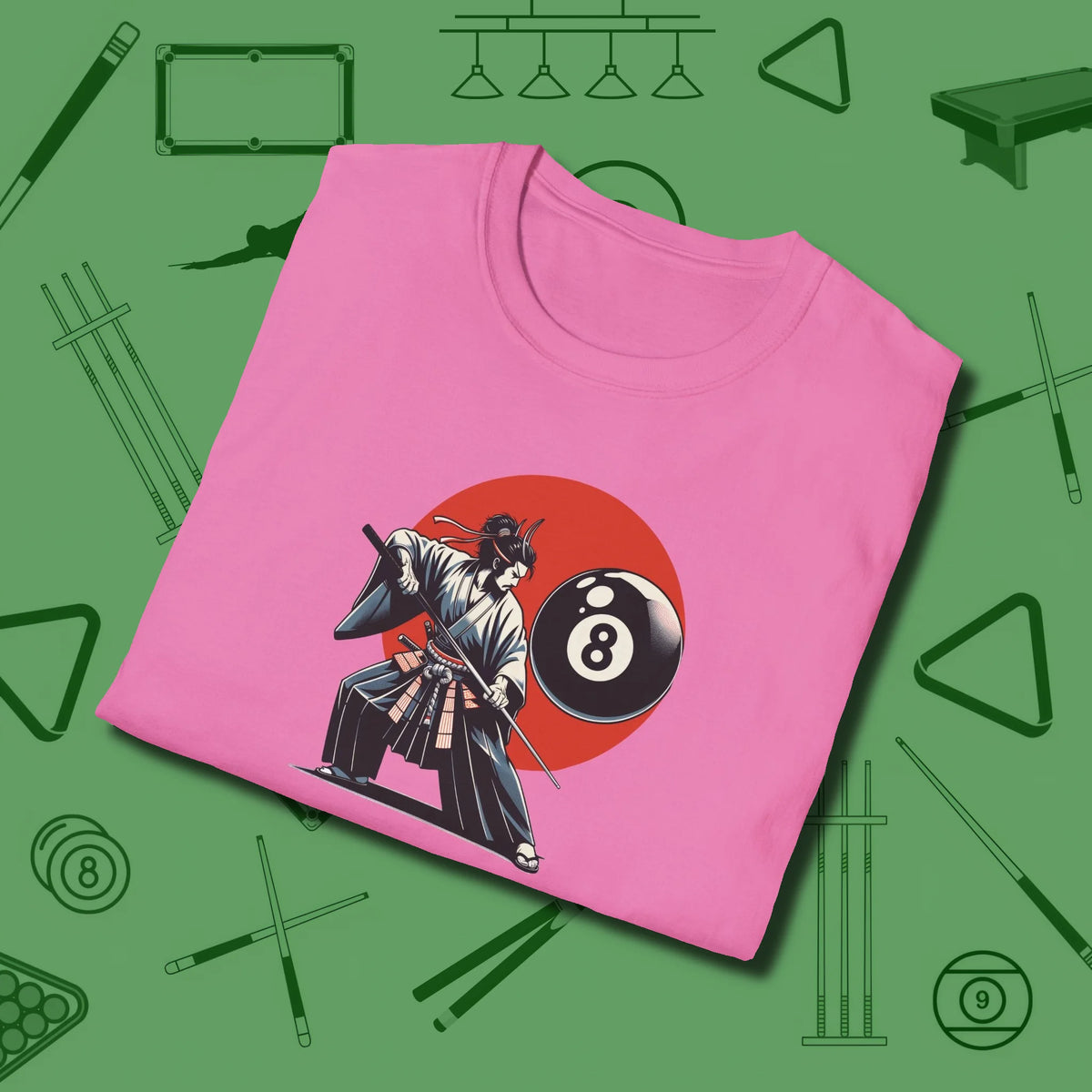 Hall Samurai T-Shirt, folded view, in Azalea cue sports swagger done right