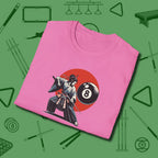Hall Samurai T-Shirt, folded view, in Azalea cue sports swagger done right