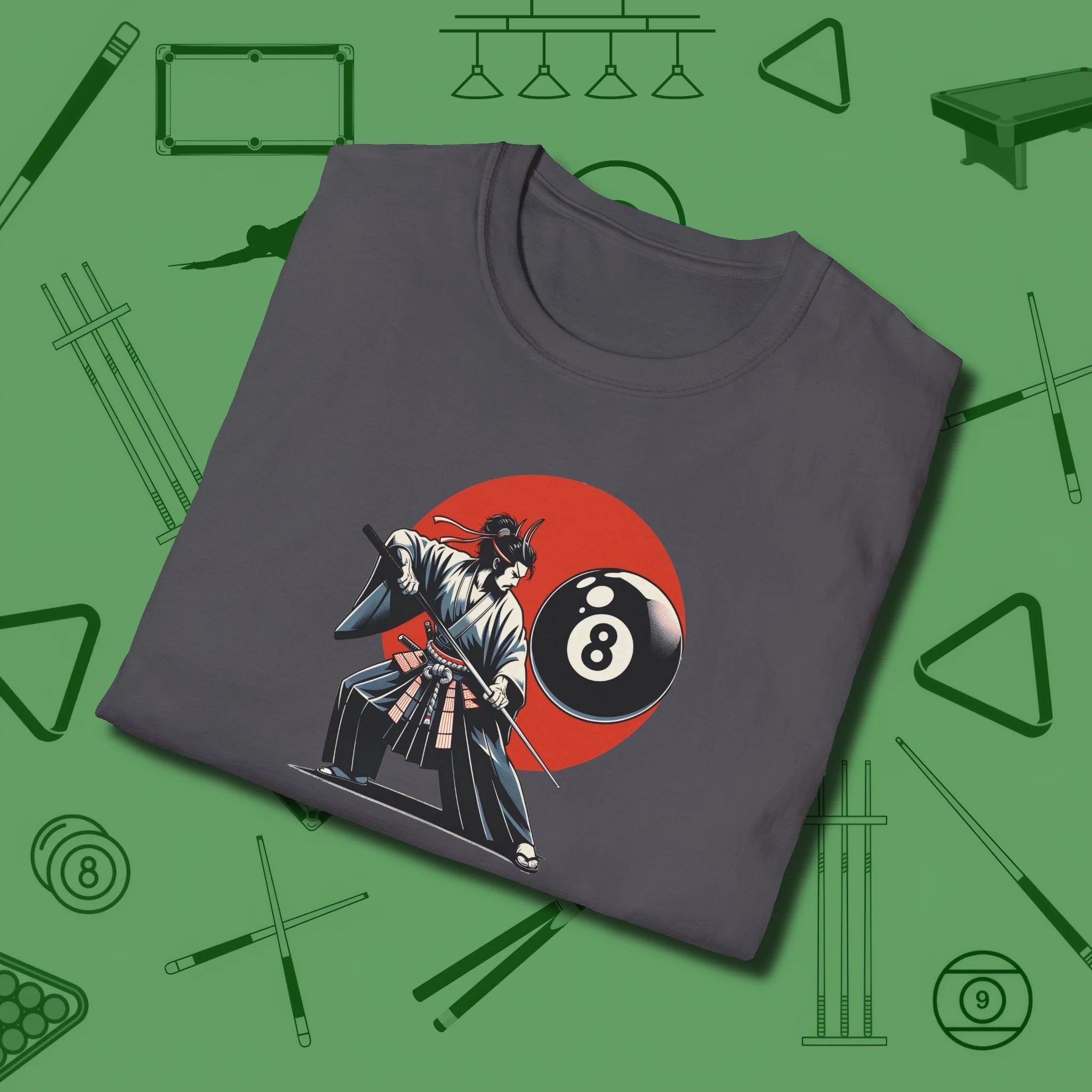 Hall Samurai T-Shirt, folded view, in Charcoal designed for dead stroke and deadpan looks