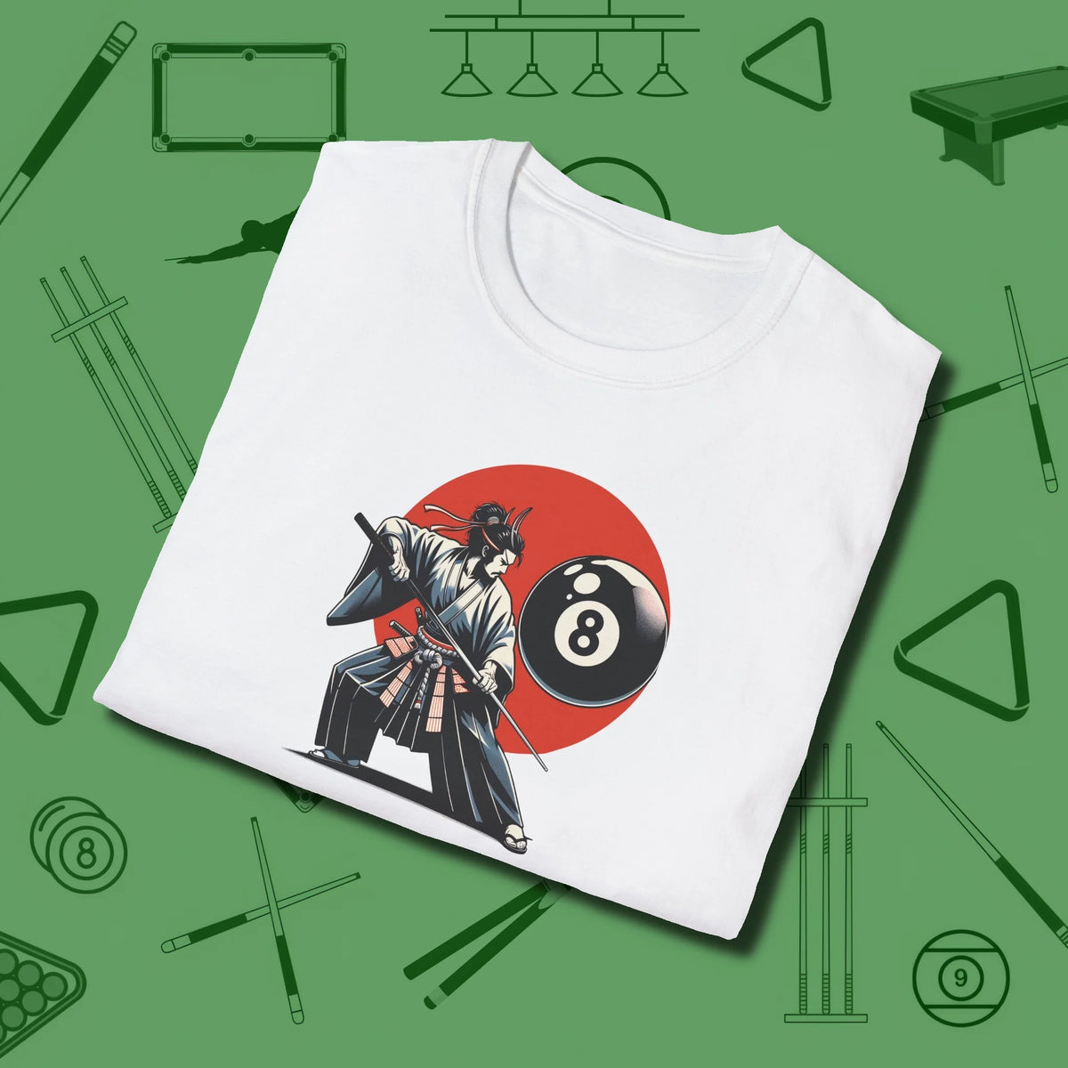 Hall Samurai T-Shirt, folded view, in White not your average 8-ball graphic tee